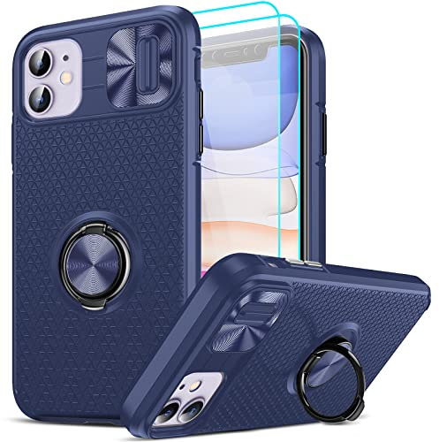 LeYi Funda para iPhone 11 (2019) 6,1 con [2-Unidades] Cristal Templado, Armor Carcasa con Tapa para Cámara Deslizante Protección 360 Metálica Anillo Soporte Antigolpes PC y Silicona Bumper Case, Azul