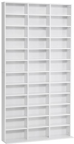 HOMCOM Étagère Rangement CD/DVD Meuble de Rangement pour 1116 CDs 36 Compartiments réglables en Hauteur 195 x 102 x 23,5 cm Blanc
