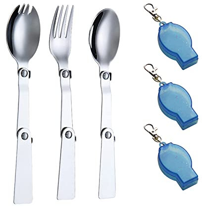 Juego de tenedor y cuchara plegable de acero inoxidable de 3 piezas, vajilla portátil para exteriores, tenedor y cuchara plegable triple, cuchara plegable de viaje, con 3 cajas de almacenamiento