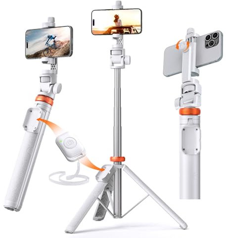 OOHHEE Neuestes 158cm Handyhalter, Stativ für iPhone & Selfie-Stick STATIVE mit Fernbedienung, ausziehbares TubeTravel Stativ für iPhone/Samsung S22 (Orange & Weiß)