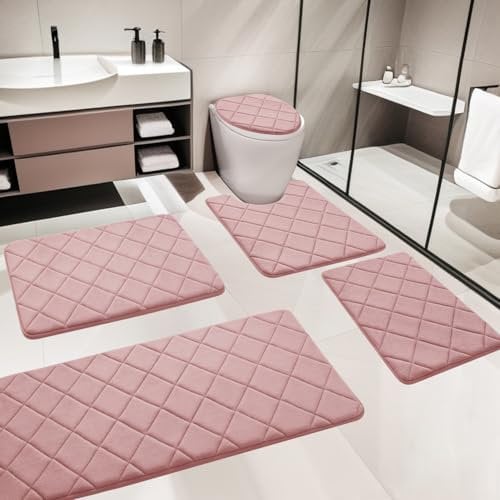 YIHOUSE Badezimmerteppich-Set, weich, rutschfest, Memory-Schaum, maschinenwaschbar, Badezimmermatten-Set, wasserabsorbierende Badematten für Toilette und Boden, Rosa, 5-teilig