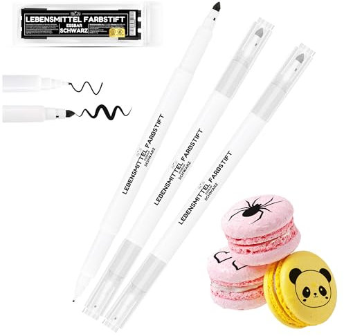 He-Ju Lebensmittelstift schwarz essbar 3er Set mit zweifacher Spitzenausführung vegan, glutenfrei, Lebensmittelfarbe schwarz zum Malen und Schreiben auf Torten & Co. (3 Stück)