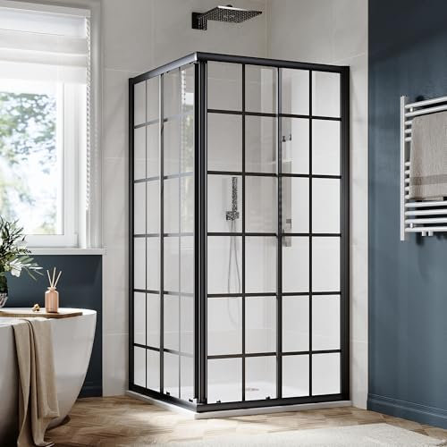 SUNNY SHOWER Double porte de douche coulissante avec cabine de douche d'angle en verre trempé transparent de 6,35 mm x 91,4 cm x 182,9 cm (D x l x H) – Cabines de douche en verre avec cadre noir