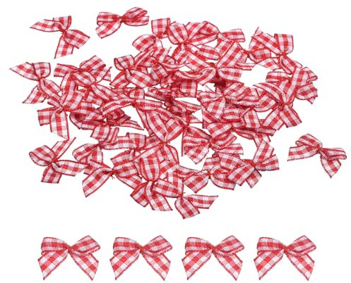 QUARKZMAN 100 Stück Mini Schleifen 25mm Karierte Stoff-Satinband Klein Weihnachtsschleifen Vintage Bogen zum Basteln DIY Haar Geschenk Nähen Hochzeit Geburtstag Weihnachtsdeko, Rot Weiß