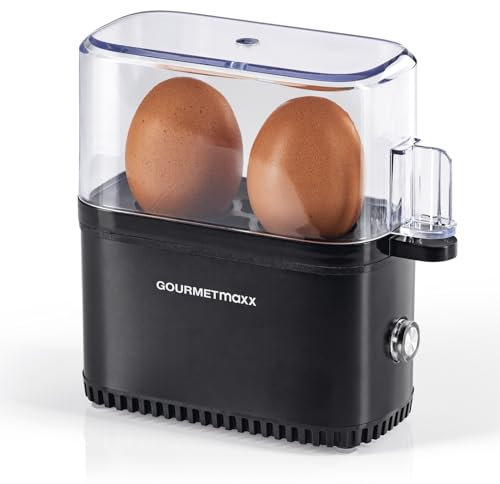 GOURMETmaxx Hervidor de huevos de diseño para 2 huevos | Hervidor de huevos compacto | Hervidor de huevos con perforador de huevos, vaso medidor y señal acústica | 3 grados de dureza | Fácil limpieza