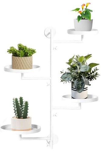 Rotating Window Plant Shelves, 4-tier Metal Plant Stand, Wall Mounted Plant Holder, Indoor&Outdoor Garden Multiple Plants Flower Display Rack, Presents for Plant Lovers (White-round)