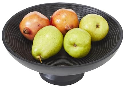 VHC Brands Ribbed Black Wooden Fruit Bowl 5.5x12x12, Kitchen Decor, Decorative Wooden Pedestal Bowl, Perfect Centerpiece for Table, Island, or Counter