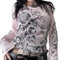Emo Graphic Long Sleeve Tops Y2K Gyaru Grunge Vintage Aesthetic Harajuku Acubi Tee Shirts 2000s Streetwear Clothes (Pink, M)