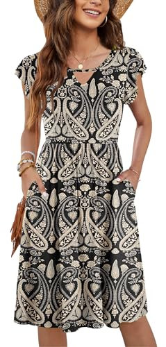 PLOKNRD Women's Summer Dress V-Neck Ruffle Sleeve Ladies Dress Elastic Waist Loose Swing Casual Dress with Pockets Knee Length (Boho Black Flowers,M)