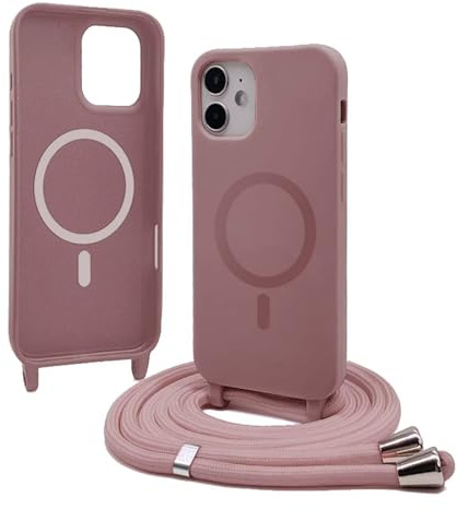 Bigcousin Coque Magnétique pour iPhone 12 avec Cordon,[Compatible avec MagSafe],Silicone avec Collier Case Portable Cover,Réglable Collier Lanyard Case,Rose Gold