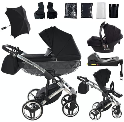 Junama Kinderwagen Diamond S 01 Schwarz und Silber - 2in1 3in1 4in1 mit Sonnenschirm (4 in 1 mit ISOFIX Basis)