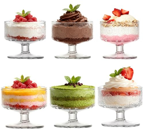 6 Stück Set Glas Dessert Schüsseln, elegantes Stamm Design, langlebige Sundae Tassen, ideal für Eis, Fruchtsalat, Pudding,180ml.