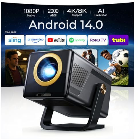 2000 ANSI Native 1080P Smart Projector, 4K Supported, Android 14 projectir Mini Projector with WiFi & Bluetooth, Auto Focus, Keystone, 4k projector Home Cinema for Bedroom & Outdoor projecter X7