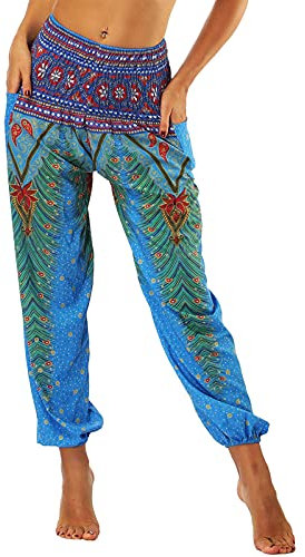 Nuofengkudu Frau Hippie Harems Hose Pumphose Haremshose Aladdinhosen Boho Gemustert Gesmockte Taille mit Taschen Yogahose Freizeithose Sommerhose Strandhose Blau Pfau