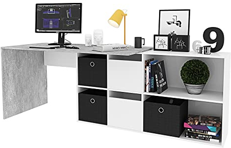 EGLEMTEK Scrivania Multiposizione Con Scompartimenti Murcia Scrittoio Mobile Per Computer Desk Da Ufficio Soggiorno Sala Da Pranzo 136 x 74 x 66 cm Colore Bianco Lucido E Grigio Cemento