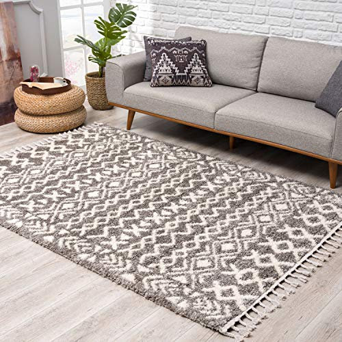 carpet city Teppich Hochflor Wohnzimmer - Ethno Boho Stil 120x160 cm Grau Creme - Teppiche mit Fransen