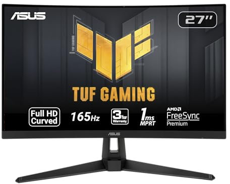 ASUS TUF Gaming VG27VH1B Monitor Curvo de 27 Pulgadas, 1080P Full HD, 165 Hz (soporta 144 Hz), Extreme Low Motion Blur, Adaptive-Sync Premium, FreeSyncTM 1ms, Cuidado de los Ojos, HDMI D-Sub