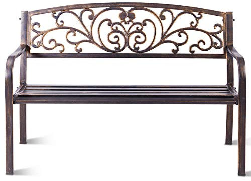 RELAX4LIFE Gartenbank Metall, Parkbank Sitzbank mit Rückenlehne & Armlehne, Eisenbank für 2-3 Sitzer, Ruhebank Retro-Stil, Gartenmöbel Stahl Gusseisen, Bank für Garten Park Balkon (Bronze)
