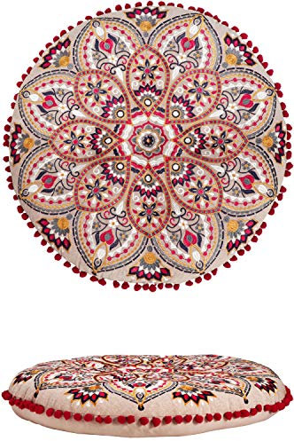 Orientalische Kissen Bodenkissen Bunt aus Baumwolle ø 55cm inklusive Füllung | Marokkanisches Sitzkissen Sitzpouf Azra Rund | Orientalisches rundes Yogakissen Meditationskissen bestickt