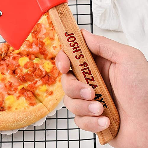Memories and Gifts Personalised Name Pizza Axe Cutter Shaped Wheel Slicer Wooden, Chef Gift Kitchen Sharp Tool Gift