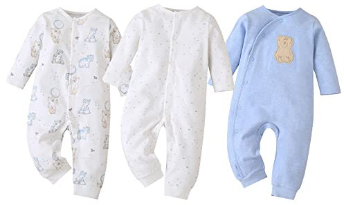amropi Pack de 3 Mono Bebé Niñas Niños Peleles Pijama Mameluco de Manga Larga, 0-3 Meses,Blanco/Azul/Blanco