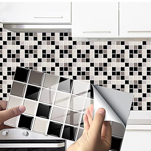 Hiseng 24/48 Pièces Rectangle Adhésive Décorative à Carreaux pour Salle de Bains et Cuisine Stickers Carrelage, Motif Marbre Mosaïque Imperméables Adhésive Décoration (Gris Mosaïque,24Pièces)