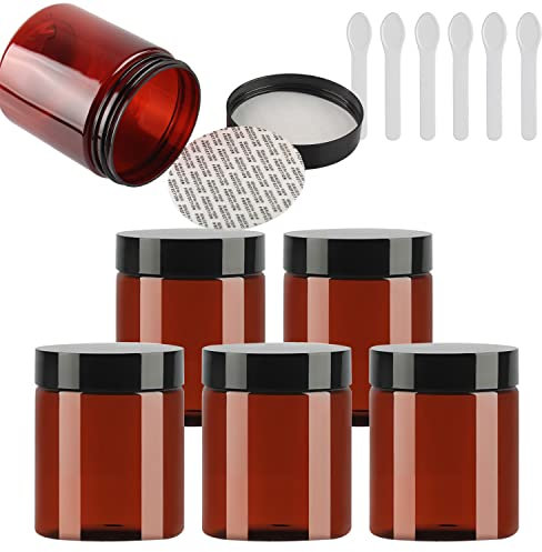 TIANZD 6 Pièces Vides Petit 250 ml Marron Cosmétique Pot en Plastique avec Couvercle Noir 250 g Pots de Cosmétique Crème de Bouteille Contenant avec 6x Spatules