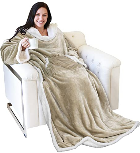 Catalonia Classy TV-Decke Kuscheldecke Ganzkörperdecke mit Ärmeln und Taschen zweiseitige Decke Microplush Fleece Sherpa Warme Decken Geschenk für Erwachsene Frauen Männer 185cm x 140cm, Geschenkidee