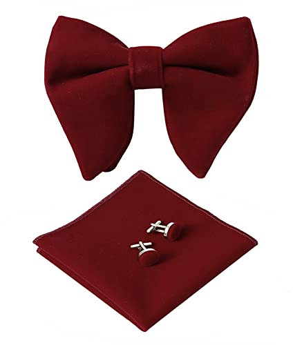 HOULIFE Fliege Herren Set - Verstellbare Fliege aus Samt Vorgebunden Fliege, einfarbige Einstecktuch, Manschettenknöpfe Set für Bräutigam Hochzeit formal mit Geschenkbox (Weinrot)