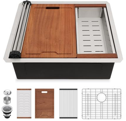 Lordear Unterbau Küchenspüle 23x19 Zoll Spüle Küche 16 Gauge Edelstahl Küchenspülen Einzelbecken Workstation Spüle mit Schneidebrett Handgefertigt