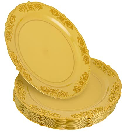 STACKABLES ~ Paquete de 20 platos de plástico duros y ligeros de 7.5 pulgadas, platos de servir dorados ~ Plato multiusos reutilizable para bodas, fiestas, catering y picnic