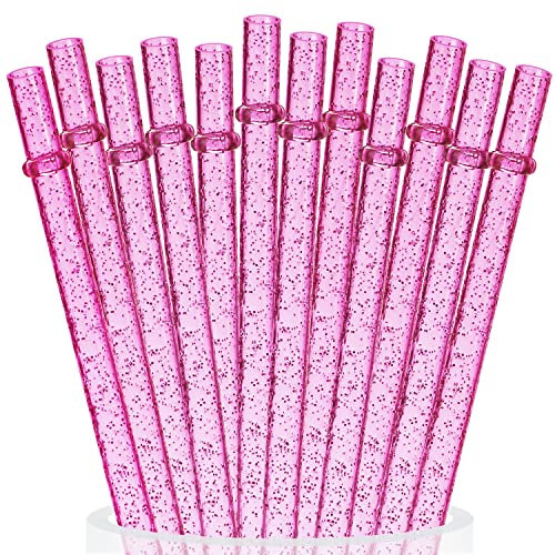 ALINK Lot de 12 pailles réutilisables en plastique rigide rose transparent de 28 cm de long avec brosse de nettoyage