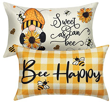 Weldomcor 2er Set Blumen Kissenbezug 30 x 50 cm - Baumwolle Leinen Lenden Frühling Sommer Dekorative Dekokissen Bauernhaus Dekorationen für Sofa Couch, Biene