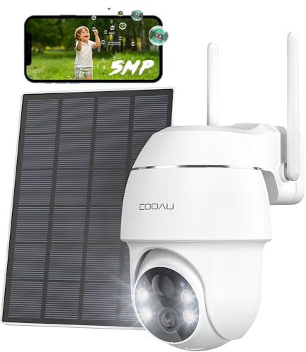 COOAU 5MP 360° Solar Security Camera Outdoor Color Night Vision, Rechargeable Battery Wireless CCTV Camera Systems,PTZ Camera,Motion Detection,4 Spotlight,Cloud storage,2.4GHz