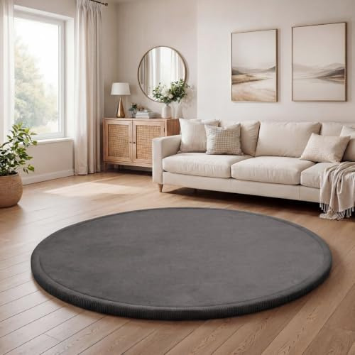 TT Home Krabbelmatte Babyzimmer Teppich Spielmatte Kinder Unifarben rutschfest Flauschig, Farbe: Grau Anthrazit, Größe:160 cm Rund