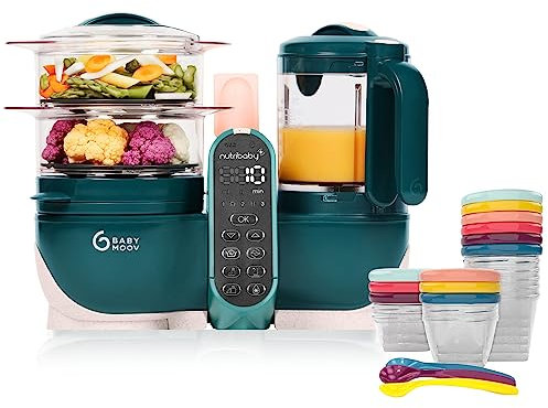 Babymoov Set Nutribaby Plus Opal Green - Babynahrungszubereiter, 2200ml Fassungsvermögen + Babybols Aufbewahrungsbehälter für Babynahrung 15-teilig (3x120ml + 3x180ml + 6x250ml + 3 flexible Löffel)