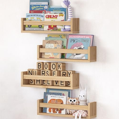 NATURE SUPPLIES Set mit 4 Naturholzregalen für Kinderzimmer, 41 cm, Massivholz, ideal für Bücher, Spielzeug und Dekoration, Wandregal für Kinder, perfekt für Aufbewahrung und Organisation im Raum