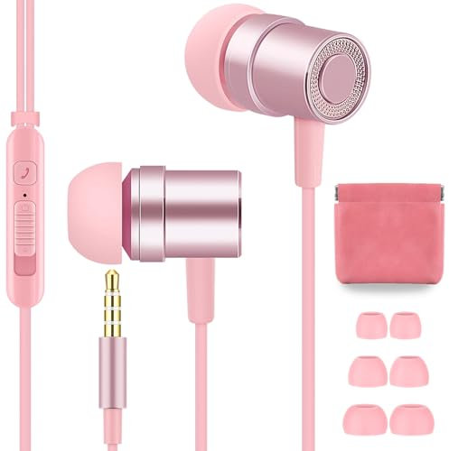 AzukiLife Auriculares Rosados con Cable, Auricularas intraurales con Micrófono para Niñas,Wired Earbuds con Control de Volumen, 3,5mm Jack para Escuela y Deportes, Pink