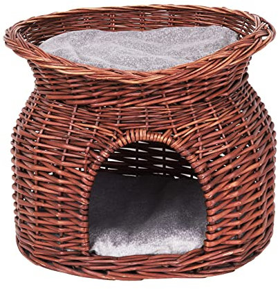 Indoor Wicker Cat Cave House: 2-Tier Kitten Wicker Basket Pet Sleeping Bed Play Furniture with Washable Soft Cushion Brown (41x26x33.5cm)
