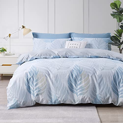 SAPHREAS Light Blue Palm Duvet Cover Set 100% Cotton Single Size Tropical Leaves Comforter Cover Set with Zipper Closure Bedding Set 1 Duvet Cover 1 Pillow Sham