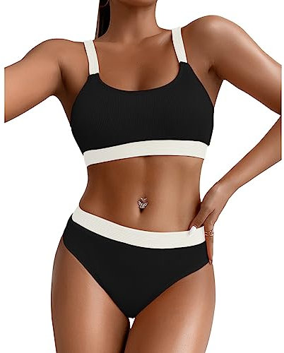 FDEETY Bikini Damen Set U Ausschnitt Farbblock Bauch Weg Badenmode Sport High Waist frechem Unterteil Swimsuit Strandkleidung Sexy Badeanzüge Zweiteiler(Schwarz/M)