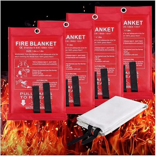 Feuerdecken Fiberglas Retardant Decken.3.3x3.3ft Quadratische Feuerwehrwerkzeuge Notfallüberlebenskit Langlebig für versehentliches Sicherheitsdesign für Haus Büro Kamin Auto Küche (4pcs)