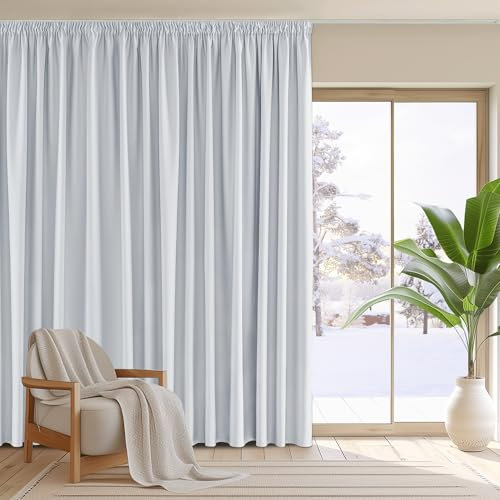 PONY DANCE Raumteiler Vorhang für Schiene Wohnzimmer Gardinen Blickdicht 1er-Set H 245 x B 200 cm Thermovorhang Hitzeschutz Extra Breite Vorhänge Verdunkelung Kräuselband, Grau-weiß