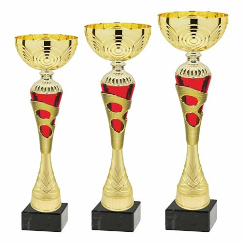 Generico Tris Coppe Trofeo 3 Pezzi con Targhetta Personalizzata Inclusa – Premiazioni Sportive, Tornei, Fantacalcio – Coppe Oro Rosso ABS & Marmo