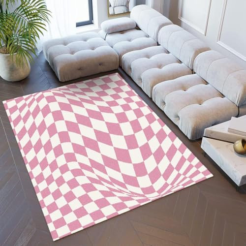 DAXONA Rosa Karierte Teppiche, 3D-geometrischer Kunstdekor-Teppich für Schlafzimmer und Wohnzimmer, rutschfeste, weiche, rechteckige Fußmatten aus Flanell, waschbar, für Zuhause, 180 x 270 cm
