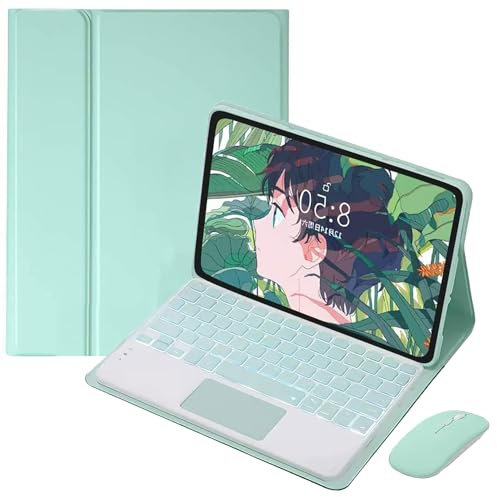 EHLCYS Custodia con Tastiera Touchpad per Xiaomi Redmi Pad SE 11 Pollici 2023, Tastiera Bluetooth Rimovibile Retroilluminata A 7 Colori, Cover Posteriore in TPU Ultrasottile con Mouse,Mint Green