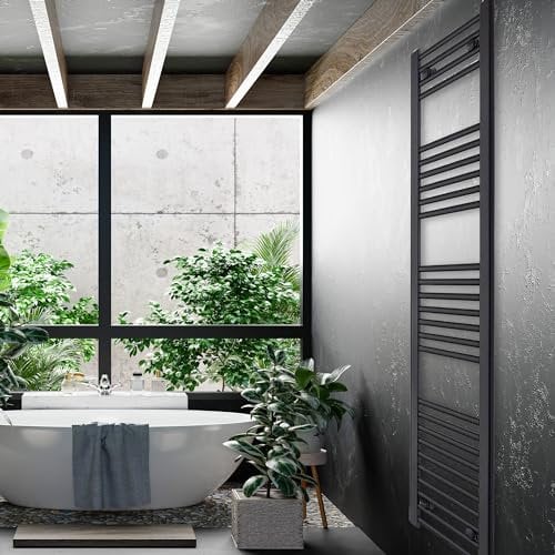 Turkish Zone 300mm Wide 1200mm High Black Heated Towel Rail Straight Flat Bathroom Warmer Radiator Rack Central Heating (300mm x 1200mm)