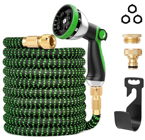 Ophouliy Gartenschlauch Flexibel mit 10-Funktionen Sprühdüse, Extra Flexibler 3750D Gewebe, mit 3/4 & 1/2 Messinganschluss für Gartenarbeit und Auto-, Haustier-, Hauswäsche, Schwarz Grün 15m