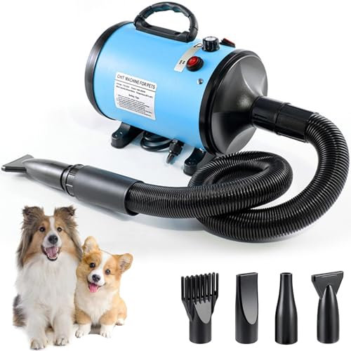 Jargrovs Gebläse für Hunde, 2800 W, Haartrockner für Hunde, Haartrockner für Tiere, Geschwindigkeit und Temperatur einstellbar, Haartrockner für Tierpflege, leiser Haartrockner mit 4 Düsen (Blau)
