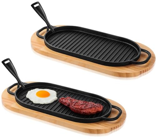 Yiyiring Juego de 2 sartenes de hierro fundido para fajita, plato de carne chisporroteante con base de madera y mango extraíble, sartén de hierro fundido, para el hogar, restaurante, cocina, accesorio